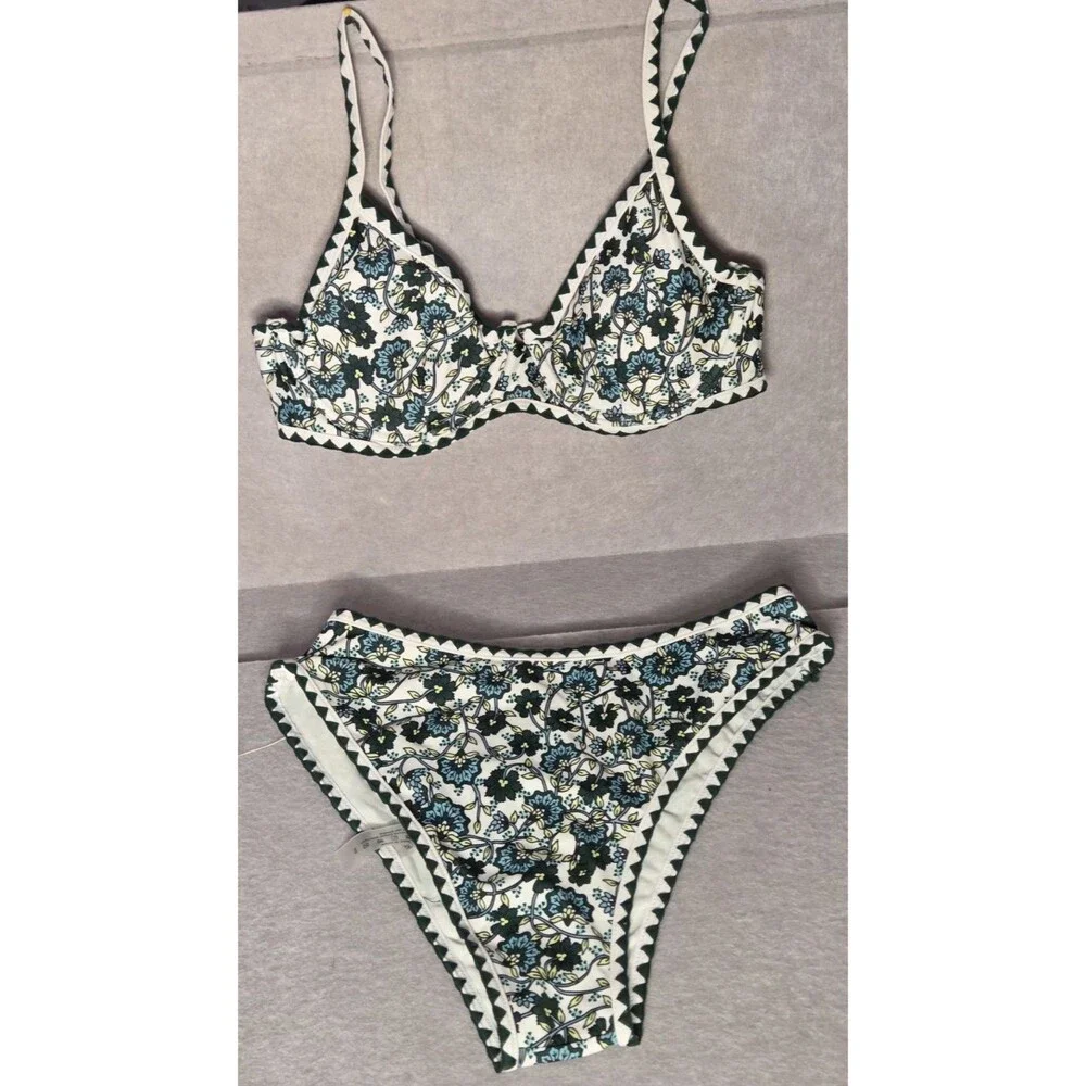 CUPSHE Women Sz S Bikini Set  Blue/Green  Floral Solid Trim Swimwear NWT